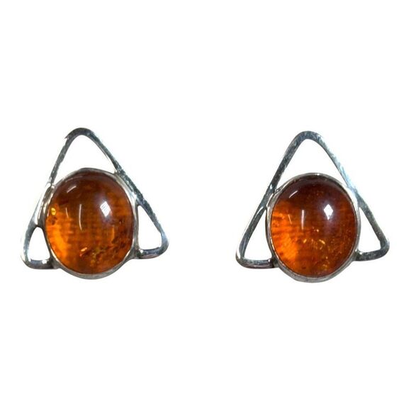 Vintage MCM Brutalist Amber Sterling Silver 925 Clip-On Earrings Triangle Design - Picture 2 of 8